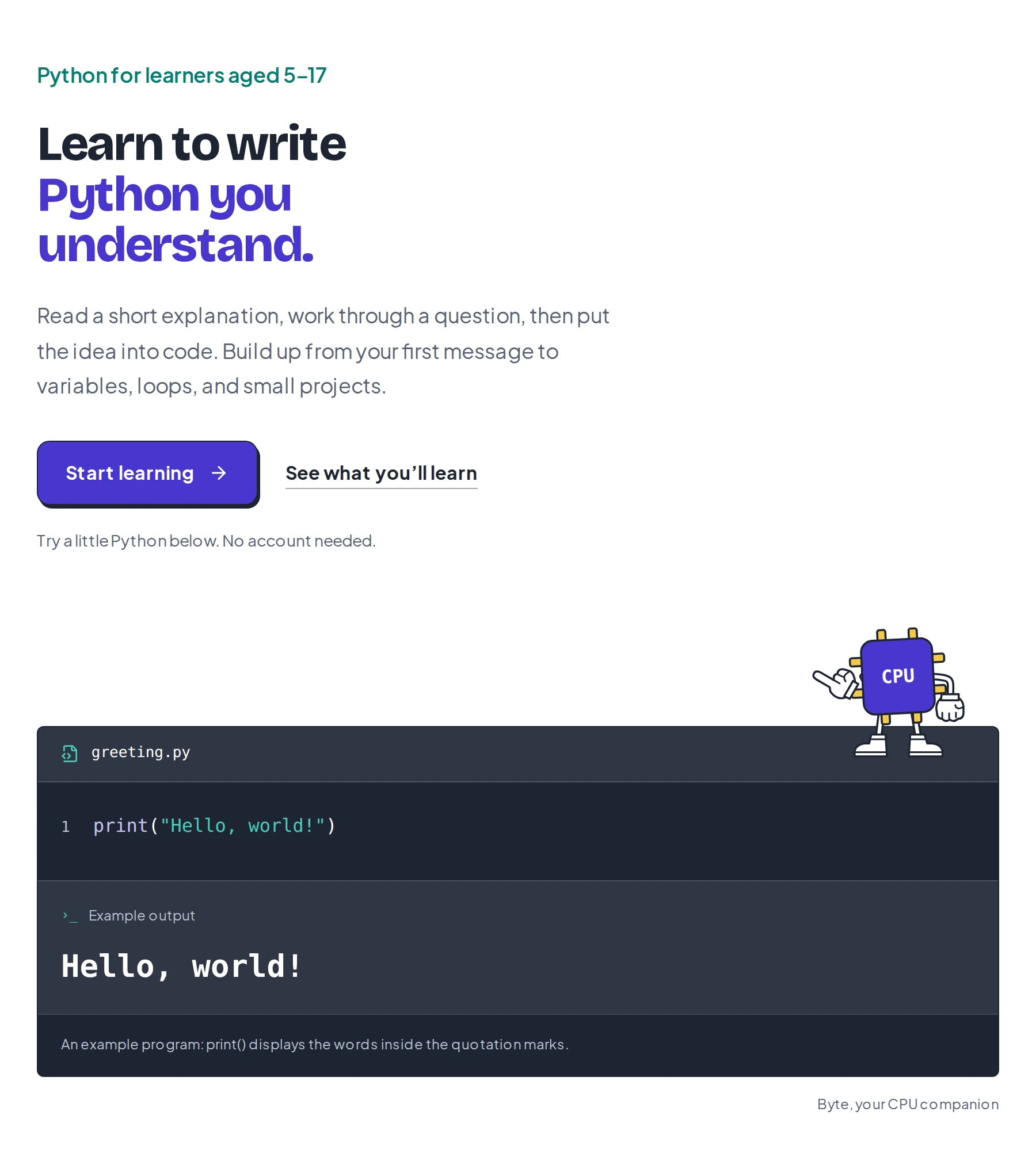 CodeCrafters homepage with its Python learning headline, CPU mascot and Hello, world! code example.
