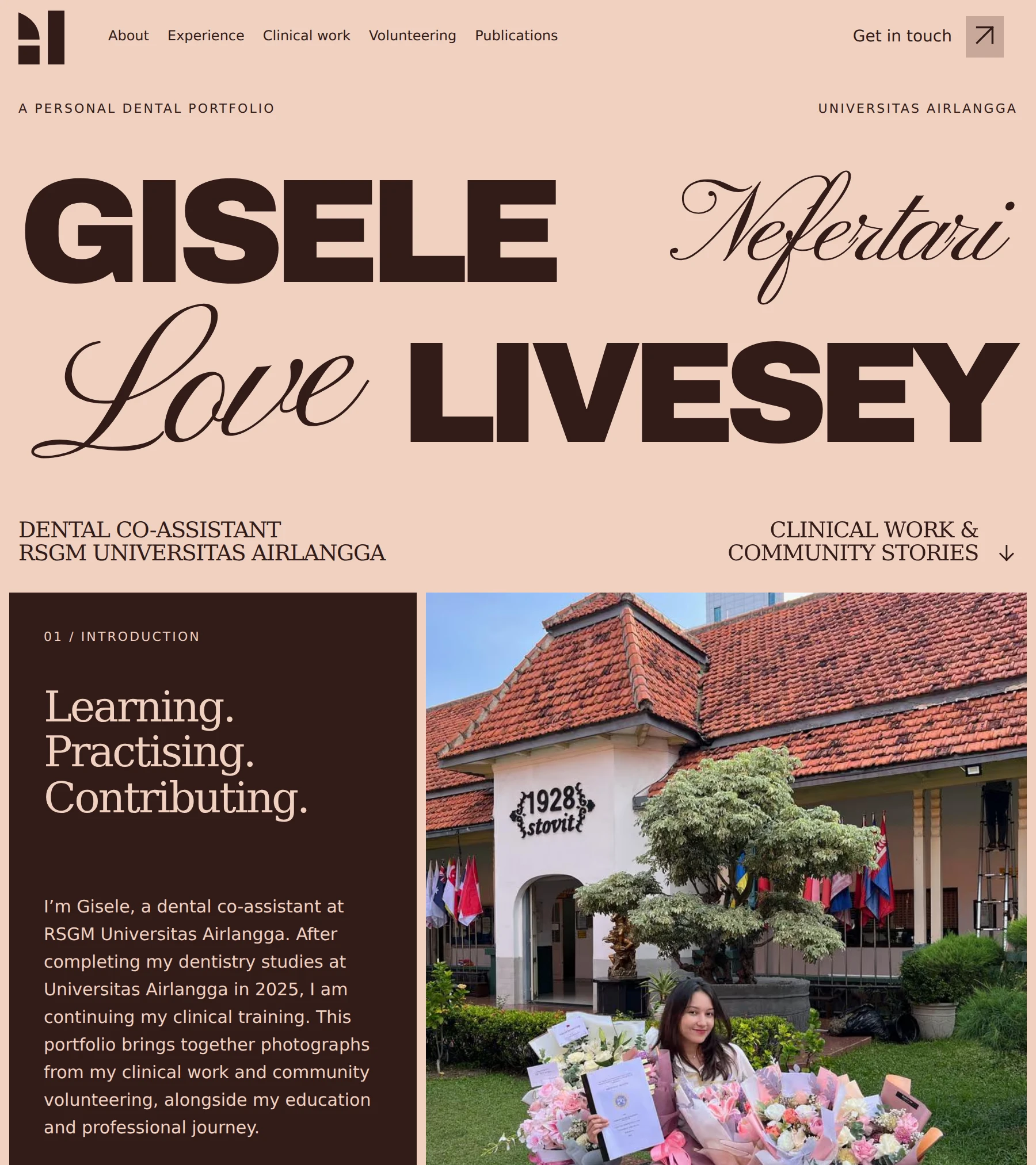 Gisele Livesey’s dental portfolio with expressive typography and the first photograph of its introduction.