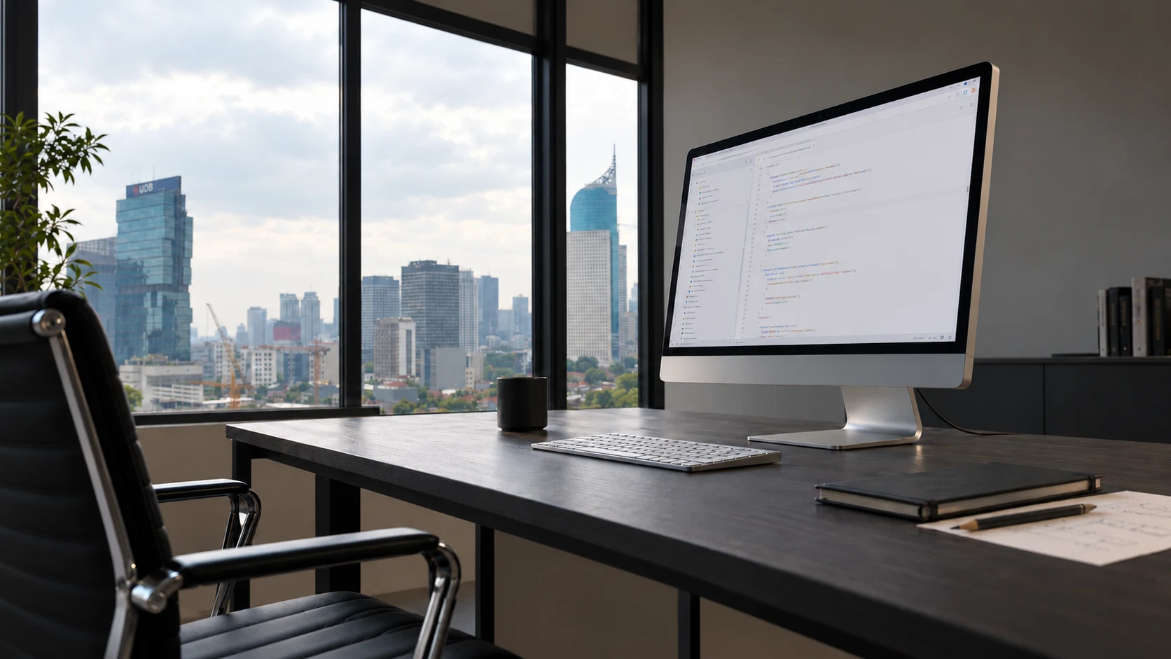 A silver monitor and keyboard on a thin studio worktable, beside a daylight view of Jakarta’s skyline. AI-generated studio scene.